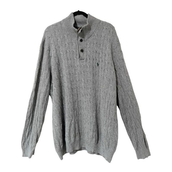 Polo Ralph Lauren Sweater Men's Gray Cable Knit Tussan Silk Quarter Zip Sz 2XLT - Picture 1 of 9